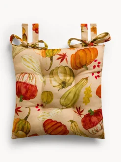 coincasa Cuscini Per Sedie|Cuscino da sedia con lacci in panama di puro cotone stampa zucche Beige