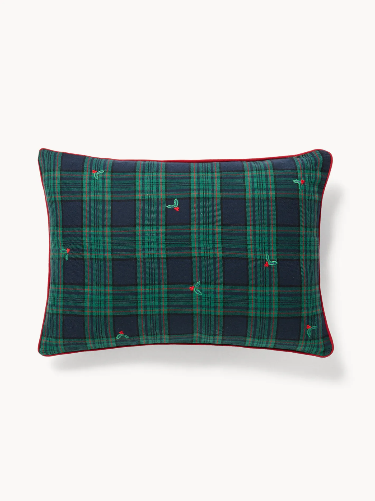 coincasa Cuscini Divano|Cuscini Natalizi|Cuscino 35x50 in cotone motivo tartan con ricami agrifoglio Blu