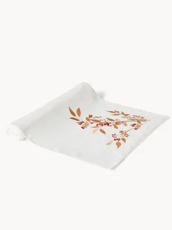 coincasa Runner|Tovaglie E Runner Natalizi|Runner in slub di puro cotone con ricamo foliage Bianco