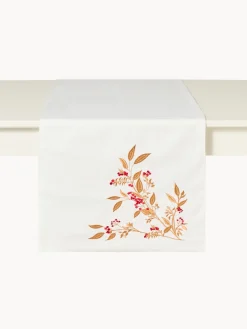 coincasa Runner|Tovaglie E Runner Natalizi|Runner in slub di puro cotone con ricamo foliage Bianco