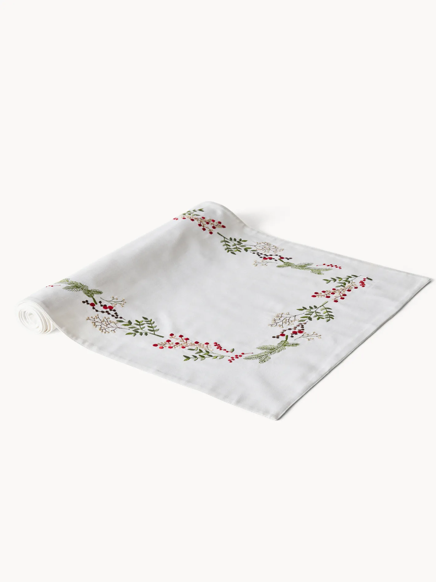 coincasa Runner|Tovaglie E Runner Natalizi|Runner twill di puro cotone ricamo agrifoglio Bianco