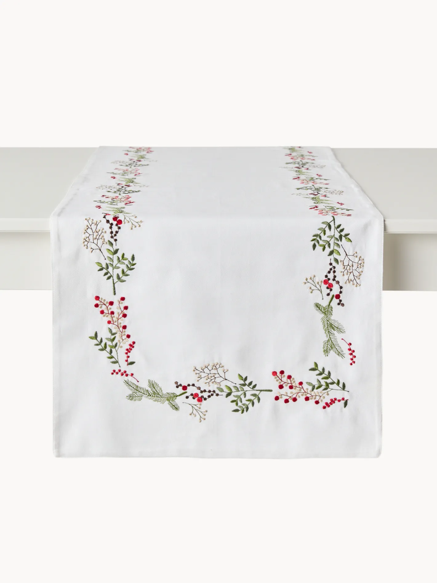 coincasa Runner|Tovaglie E Runner Natalizi|Runner twill di puro cotone ricamo agrifoglio Bianco