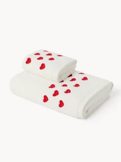 Asciugamani|Bagno|Set 2 asciugamani in spugna di cotone con ricamo a cuori Bianco
