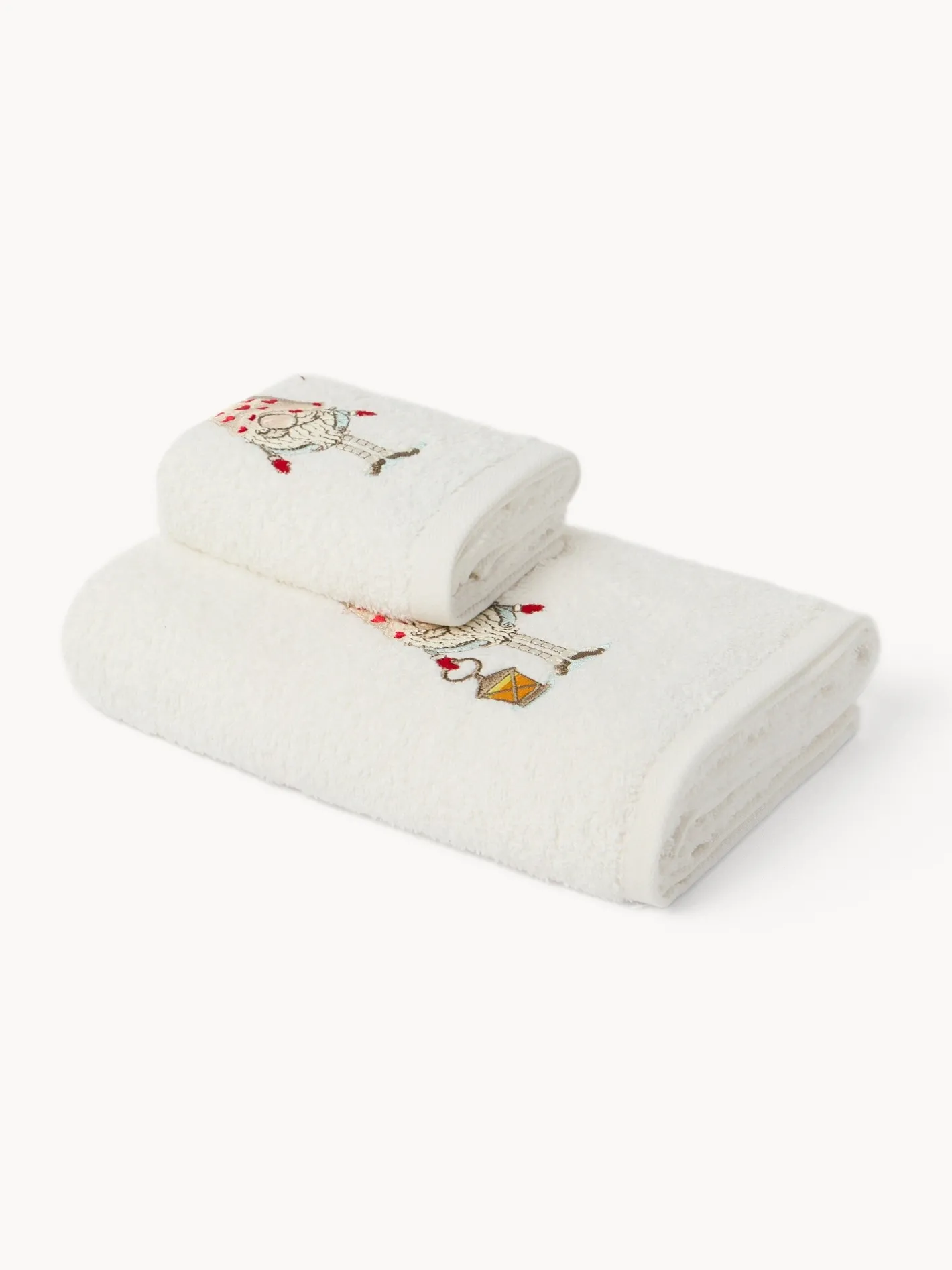 Asciugamani|Bagno|Set 2 asciugamani in spugna di cotone con ricamo gnomo natalizio Bianco