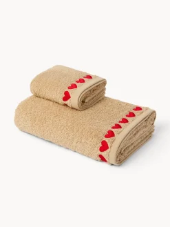 Asciugamani|Bagno|Set 2 asciugamani in spugna di cotone con ricamo a cuori Bianco