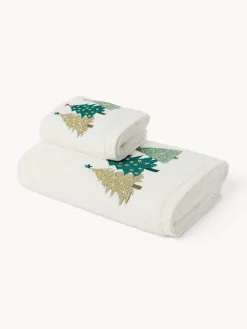 Asciugamani|Bagno|Set 2 asciugamani in spugna di cotone con alberi di Natale ricamati Bianco