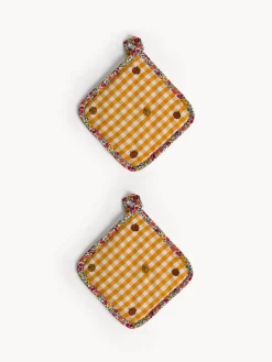 coincasa Biancheria Da Tavola|Presine E Guanti Da Cucina|Set 2 presine in puro cotone tinto filo motivo check e ricamo zucche allover Arancione chiaro