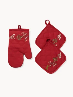 coincasa Presine E Guanti Da Cucina|Strofinacci E Presine Natalizie|Set di 2 presine e guanto da cucina in twill di puro cotone ricamo agrifoglio Bianco