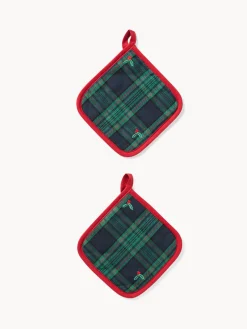 coincasa Presine E Guanti Da Cucina|Set di 2 presine in twill di cotone con ricami agrifoglio Blu