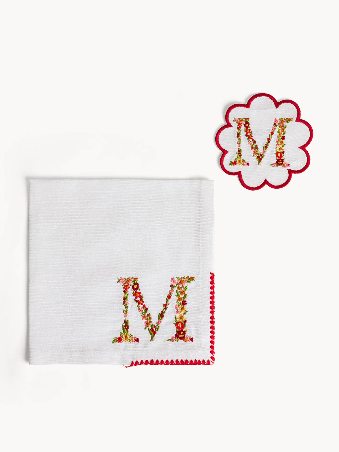 Biancheria Da Tavola|Tovaglie E Tovaglioli|Set tovagliolo e sottobicchiere lettera ricamata M Bianco