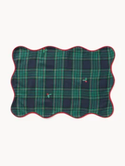 coincasa Tovagliette|Tovagliette Natalizie|Tovaglietta tartan in twill di cotone con ricami agrifoglio e bordi smerlati Blu